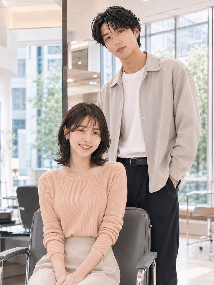 A smiling young woman with a brown bob haircut wearing a peach sweater sits in a modern chair while a young man stands behind her in a bright office interior.