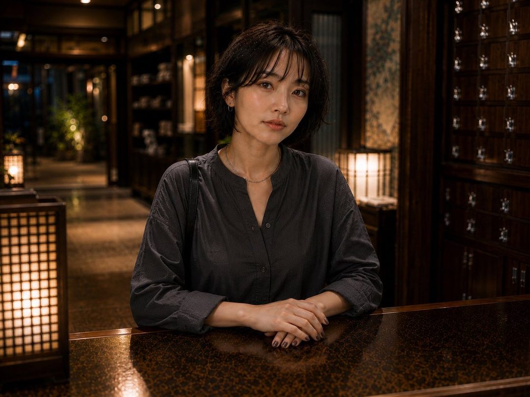 Portrait of a Japanese woman with short black hair wearing a dark blouse, seated at a polished wooden counter in a traditional Japanese interior at night.
