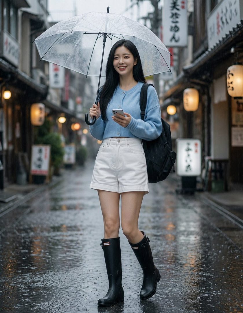A young woman with long black hair holds a clear umbrella and a smartphone while walking down a rainy street in Japan.