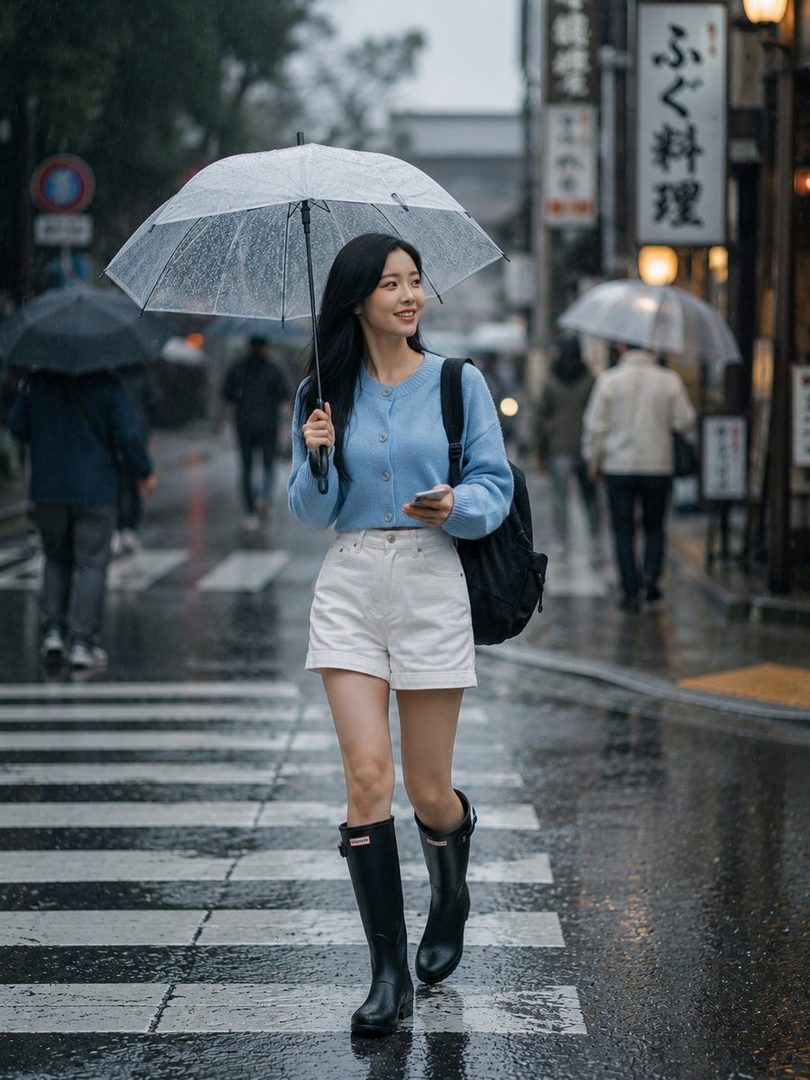 A young woman with long black hair holds a clear umbrella while walking on a wet city street in the rain, wearing a light blue cardigan, white shorts, and black boots.