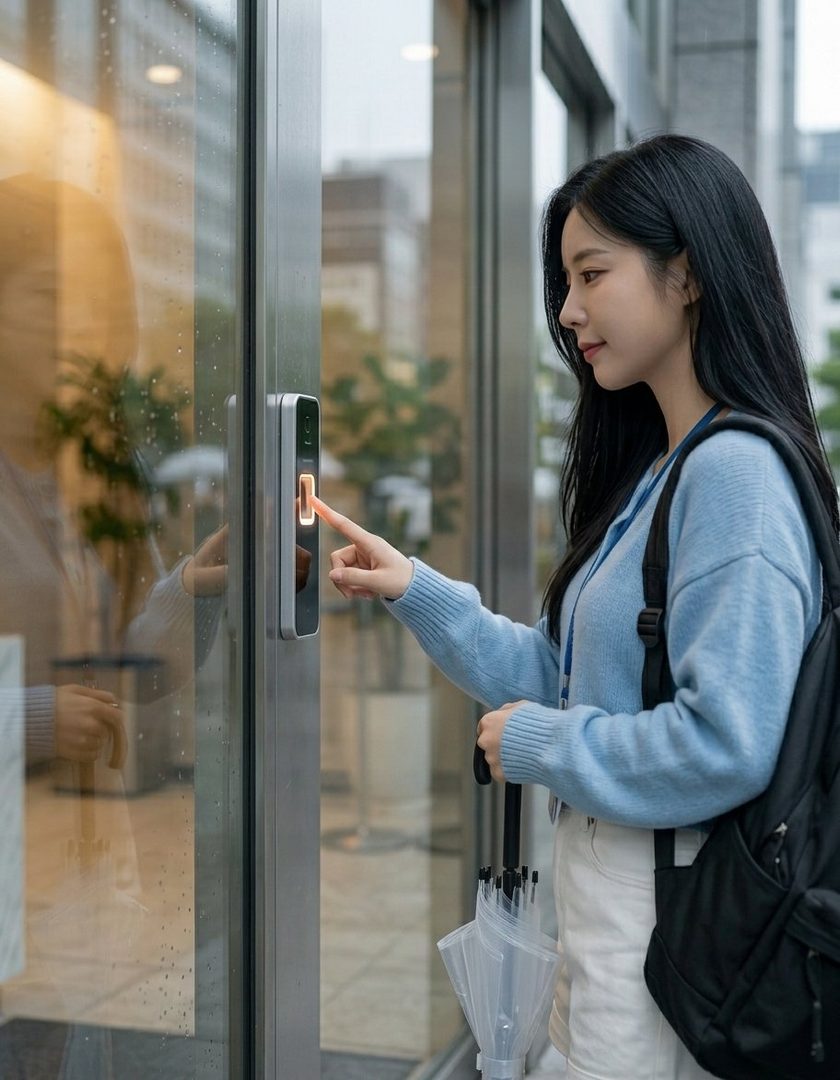 A young woman with long black hair, wearing a light blue sweater and white shorts, presses a button on a glass door while holding an umbrella.