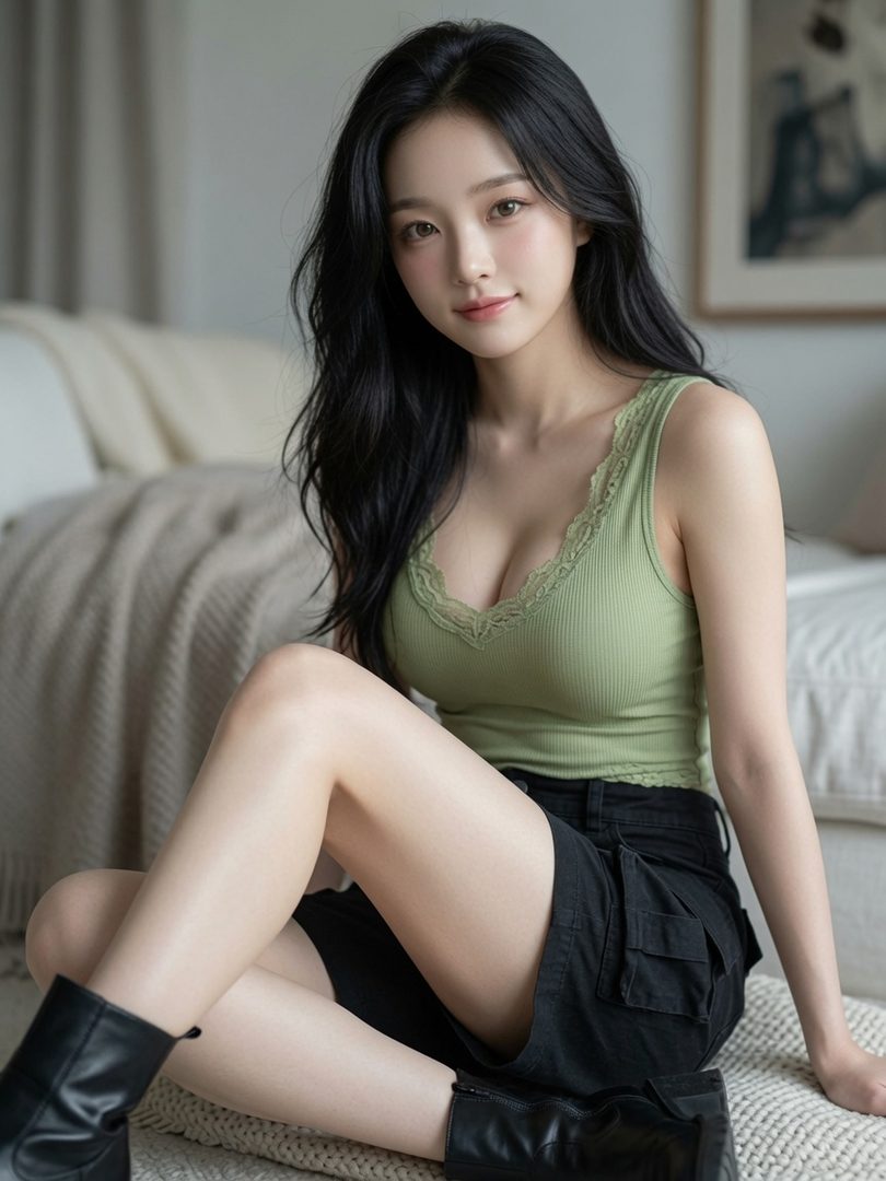 A young woman with long black hair, wearing a light green tank top and black shorts, poses indoors.