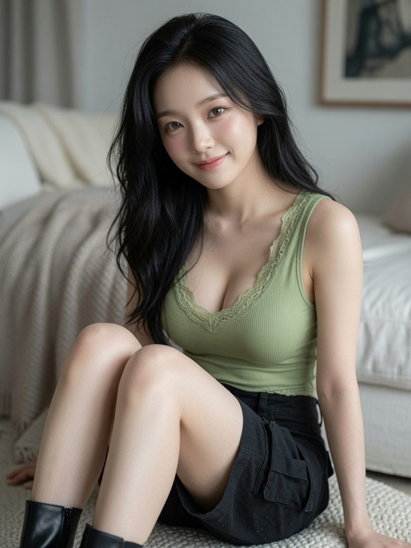 A young woman with long black hair, wearing a green lace-trimmed tank top and a black skirt, poses indoors.