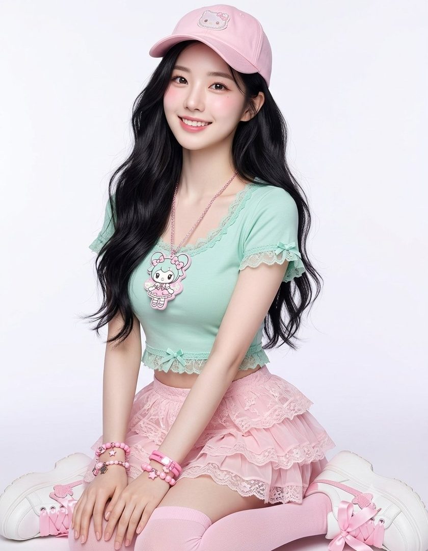 A young woman with long black hair, wearing a pastel green crop top, a pink ruffled skirt, and a pink baseball cap with a Hello Kitty design, posing indoors.