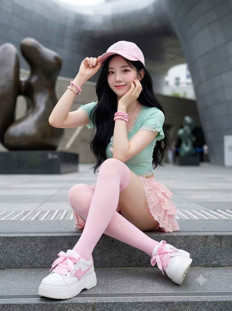 A young woman with long black hair, wearing a pink baseball cap, a light green top, a pink ruffled skirt, pink thigh-high socks, and white platform sneakers with pink bows, poses sitting on steps outdoors.