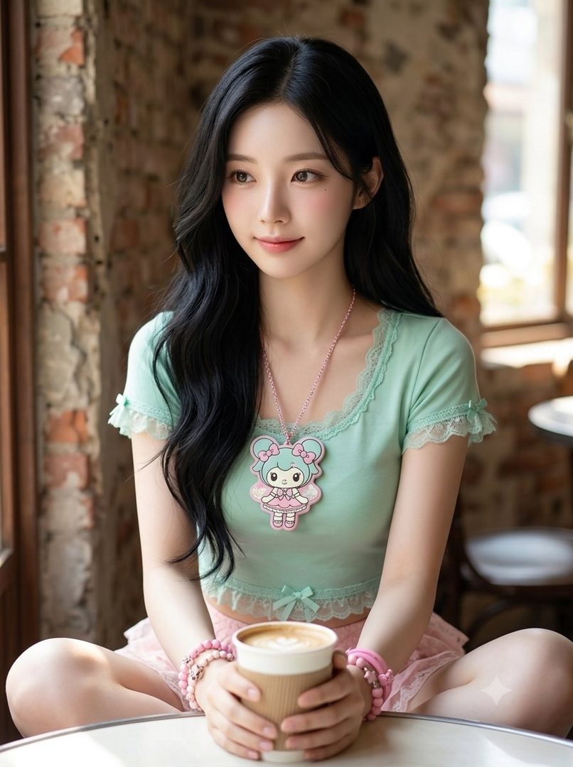 A young woman with long black hair sits indoors, holding a cup of coffee and wearing a light green top with a cute pendant.