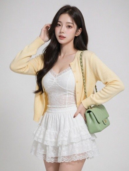 A young woman with long dark hair wearing a white lace top and a yellow cardigan, posing with a green handbag.