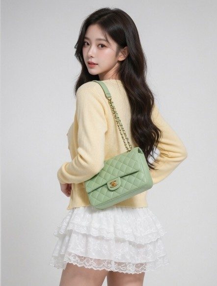 A young woman with long, dark, wavy hair poses in a studio setting, wearing a yellow cardigan over a white lace skirt and carrying a light green quilted handbag.
