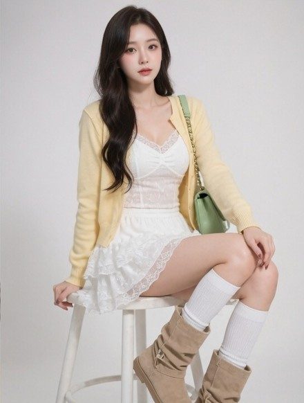 A young woman with long, dark hair sits on a stool, wearing a white lace camisole, a yellow cardigan, a white ruffled skirt, white socks, and tan boots. She carries a green purse.