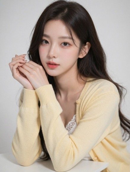 A young woman with long, dark hair and a gentle expression, wearing a pale yellow cardigan over a white lace top, posing in a studio setting.