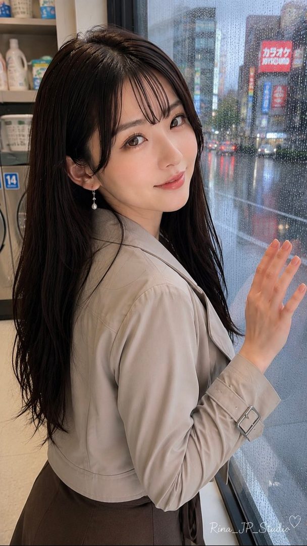 A young woman with long, dark hair and bangs, wearing a light brown jacket and a brown skirt, looks out a window on a rainy day.