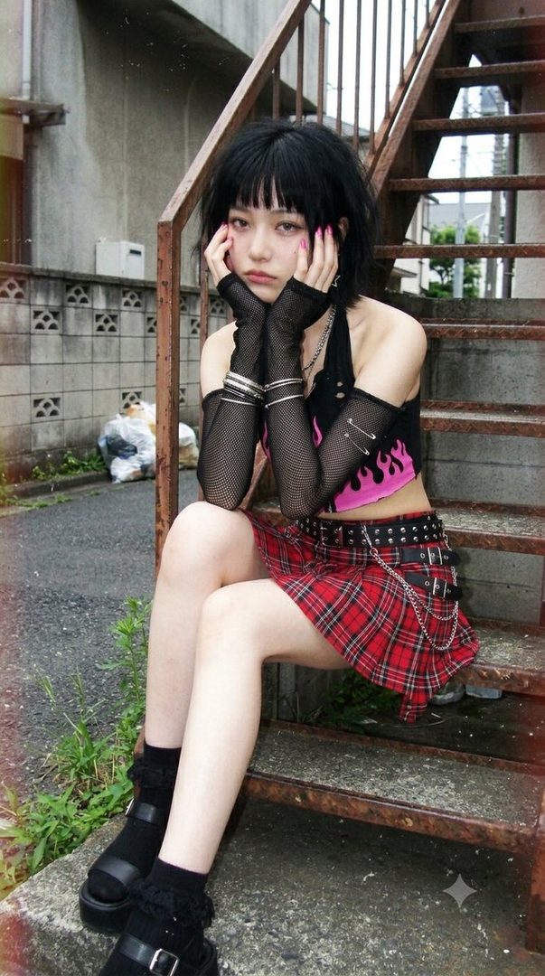 A young woman with short black hair and a punk-inspired outfit sits on outdoor stairs.