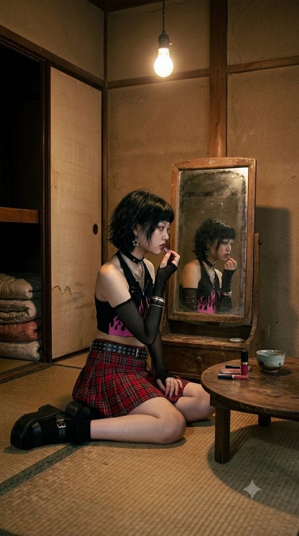A young woman with short black hair sits on a tatami mat, applying lipstick in front of a mirror in a traditional Japanese room.
