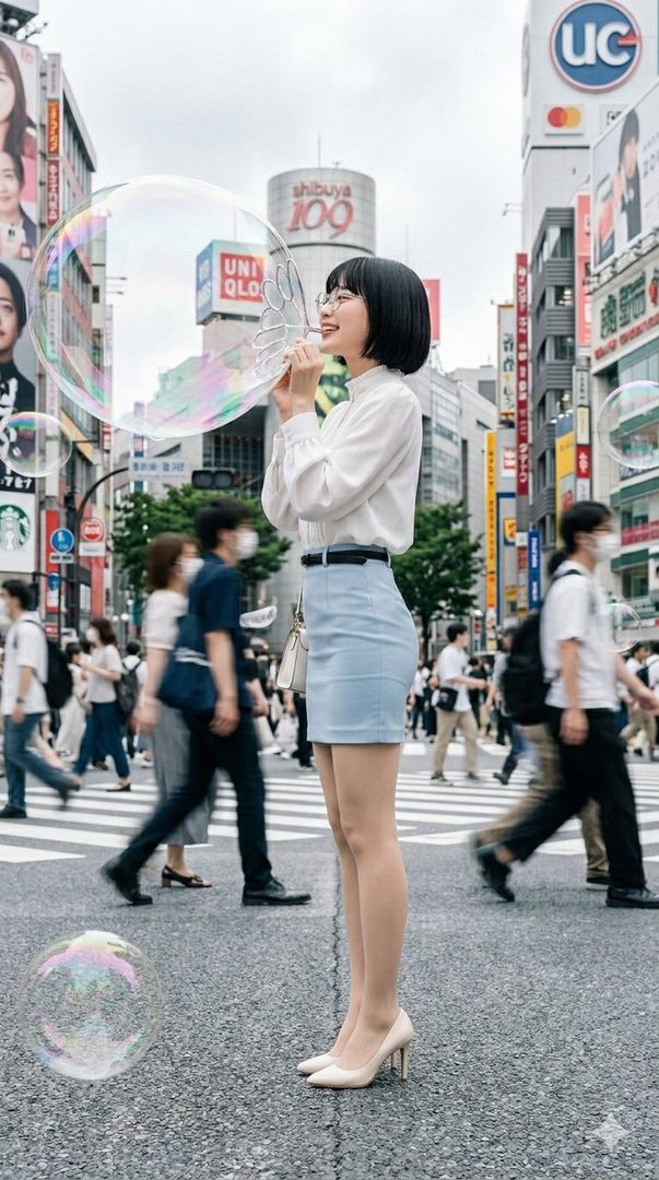 A young woman with short black hair and glasses blows a large bubble in the middle of a busy city street crossing.