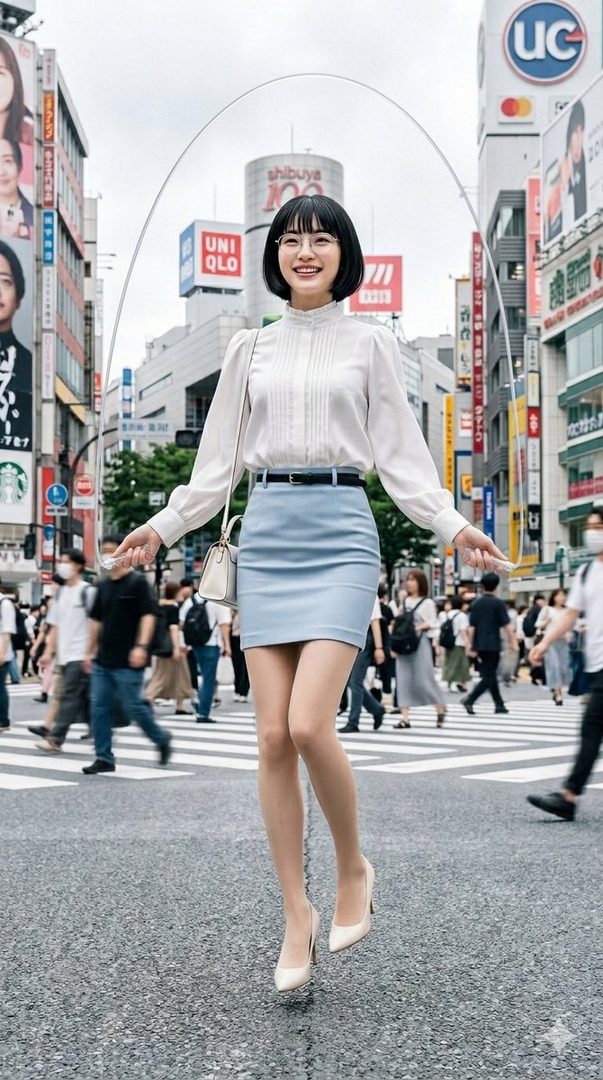 A young woman with short black hair and glasses jumps rope in the middle of a busy Shibuya street crossing, wearing a white blouse and a light blue mini skirt.
