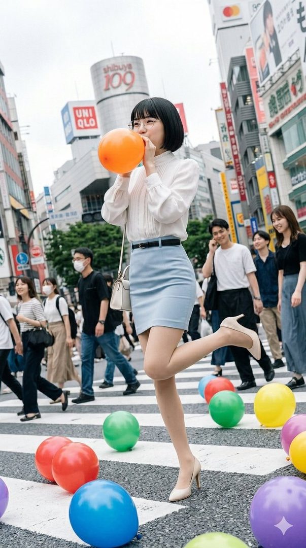 A young woman in a white blouse and light blue skirt inflates an orange balloon on a busy city street with Shibuya 109 in the background.