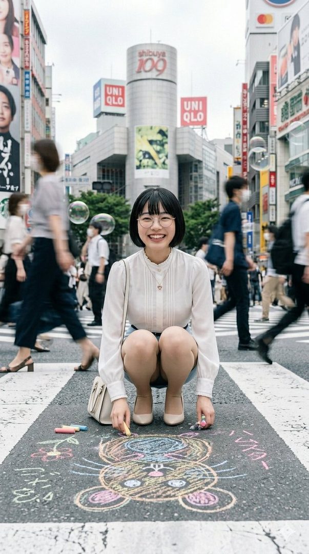 A young woman with short black hair and glasses crouches on a Shibuya crosswalk, drawing a teddy bear with chalk.