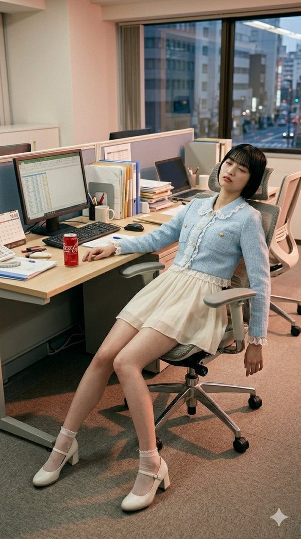 A young woman with short black hair sits slumped in an office chair, looking tired, with a desk and computer in front of her.