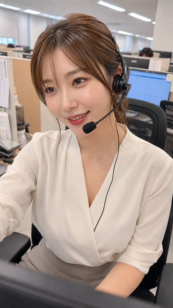 A smiling woman with brown hair and bangs, wearing a headset and a white blouse, works in an office setting.