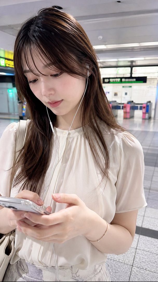 A young woman with long brown hair wearing a white blouse and listening to music on her phone while waiting at a train station.