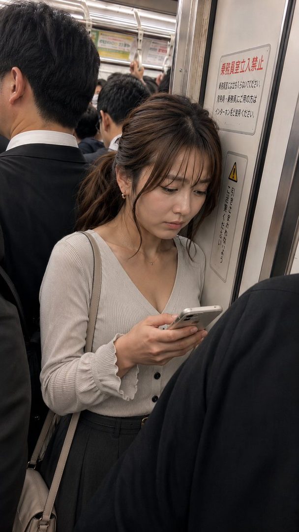 A young woman with her hair in a ponytail looks down at her phone while riding a crowded train.