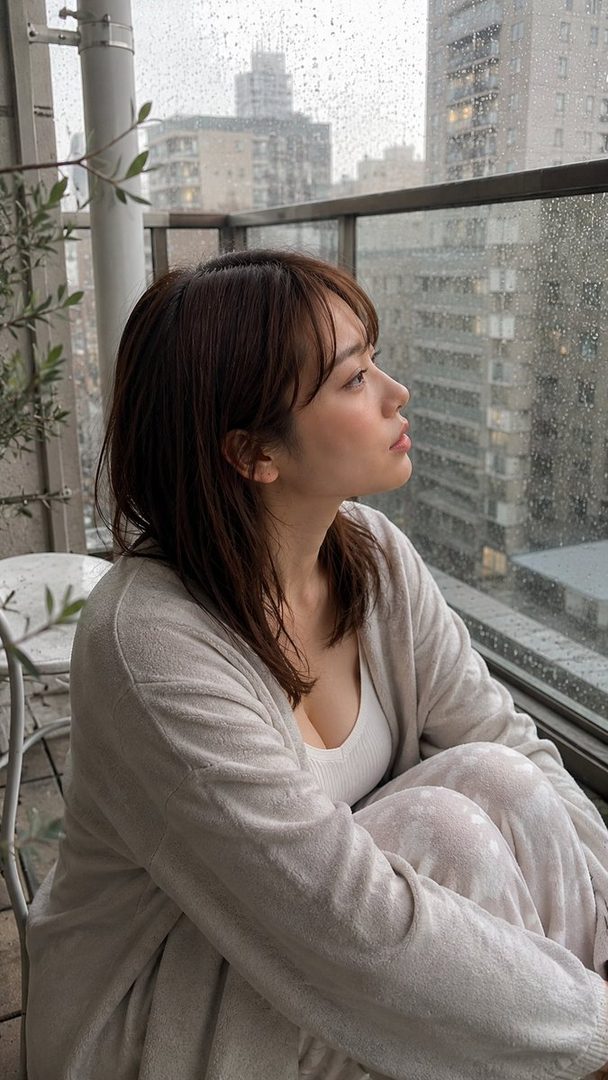 A woman with brown hair looking out a window on a rainy day, wearing a cardigan and pajamas.