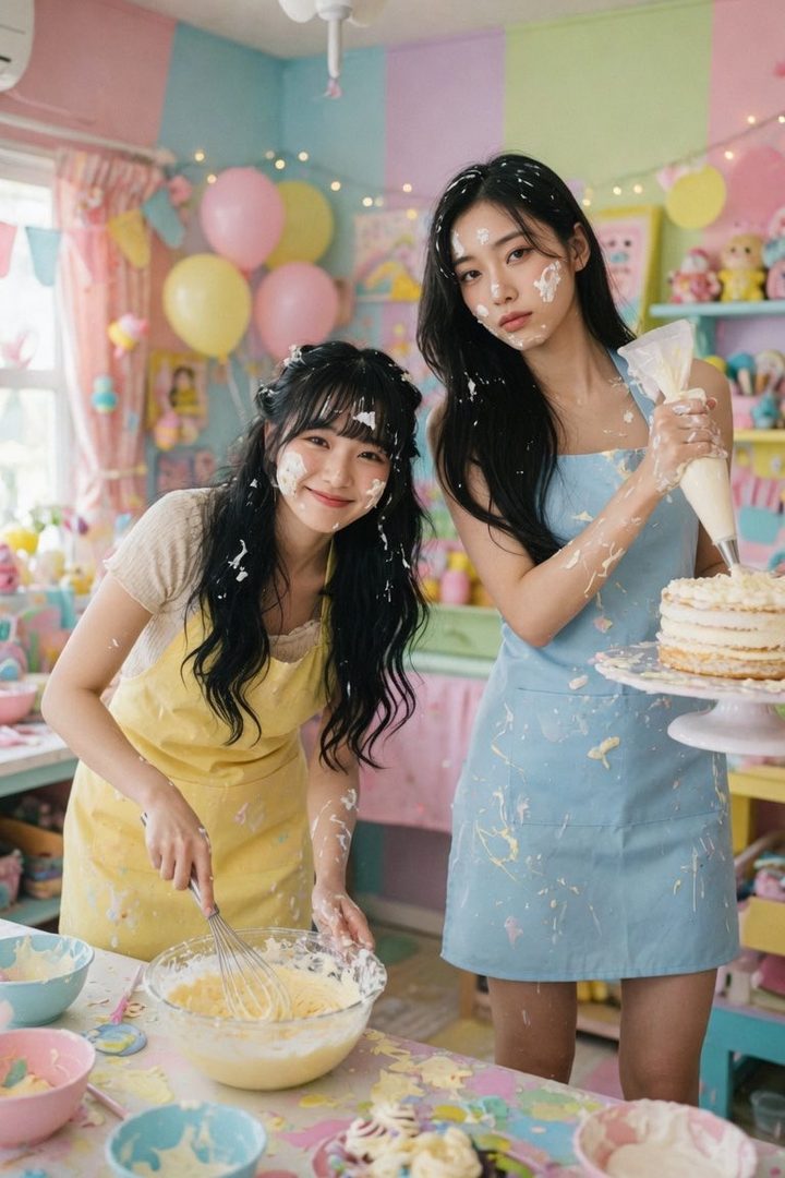 Two young women with black hair, wearing aprons, are covered in frosting while making a cake in a colorful, pastel-themed room.