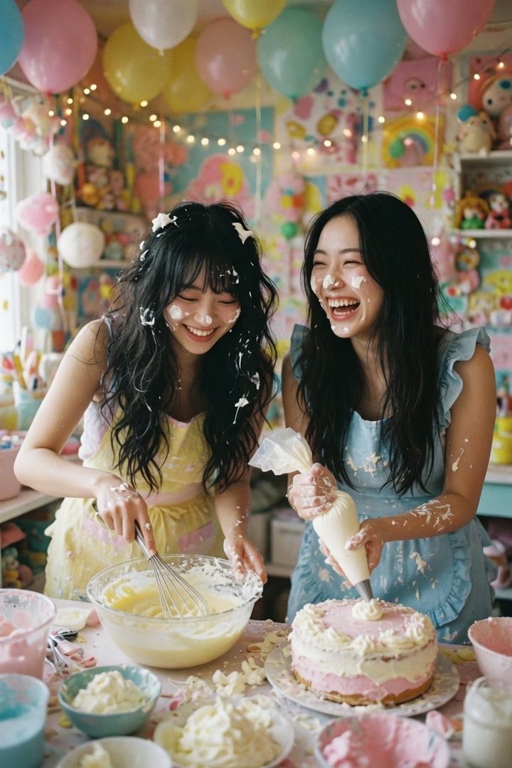 Two young women laughing while making a cake, covered in frosting.