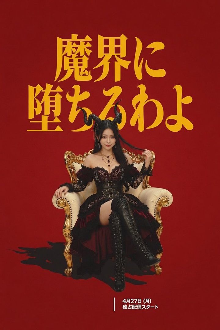 A woman with black hair and devil horns sits on a throne, wearing a gothic-style dress and thigh-high boots.