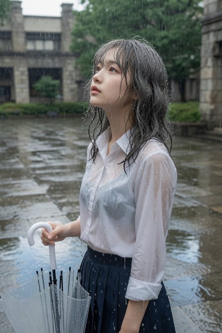 A young woman with wet, grey hair looks up thoughtfully in the rain, wearing a white shirt and a dark skirt, holding a clear umbrella.
