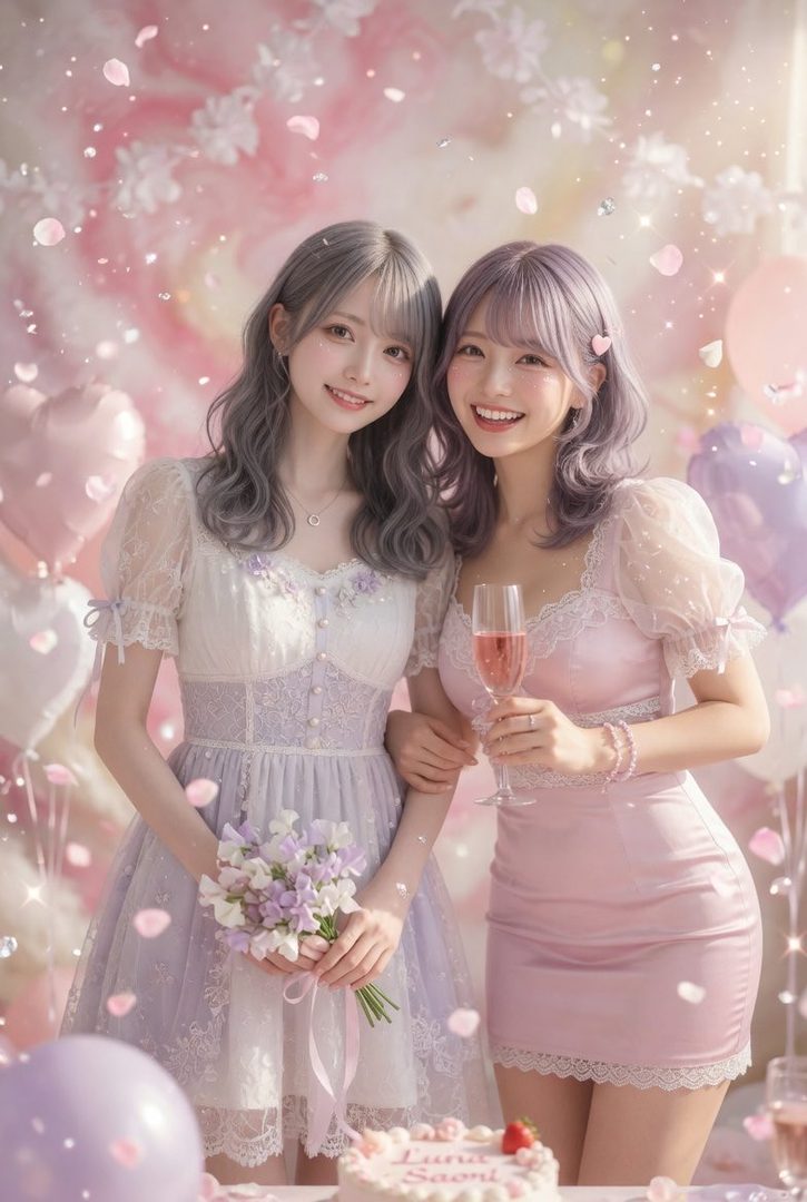 Two young women in pastel dresses, one holding a bouquet and the other a glass of champagne, surrounded by pink and purple balloons and falling petals.