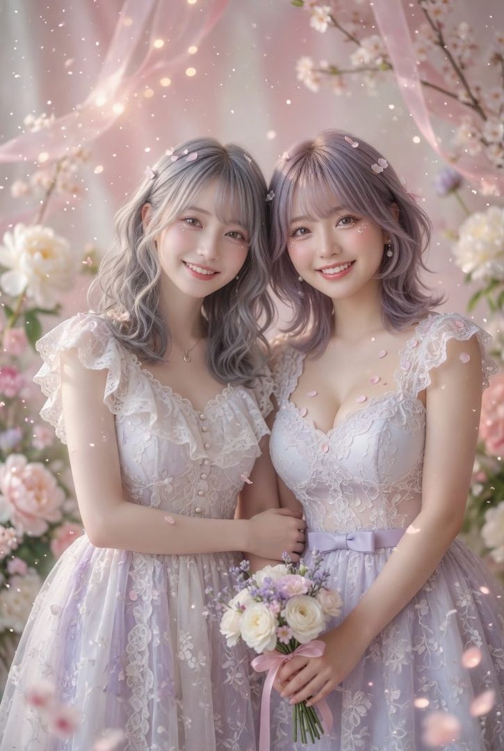 Two young women in elegant pastel dresses, smiling and holding a bouquet of flowers, with a soft, dreamy floral background.