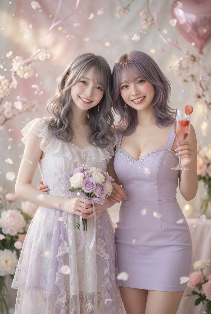 Two young women in pastel dresses, one holding a bouquet and the other a champagne flute, smiling in a floral setting.