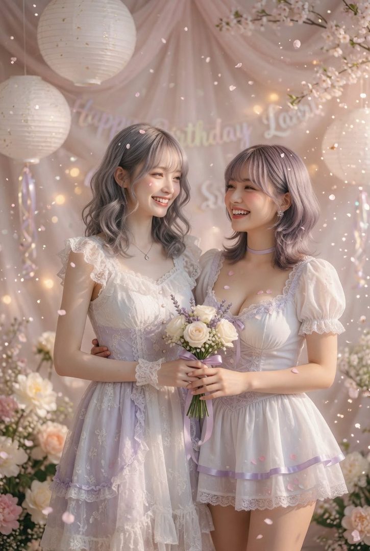 Two young women in pastel dresses smile at each other, holding a bouquet of white roses, with a festive birthday backdrop and falling flower petals.