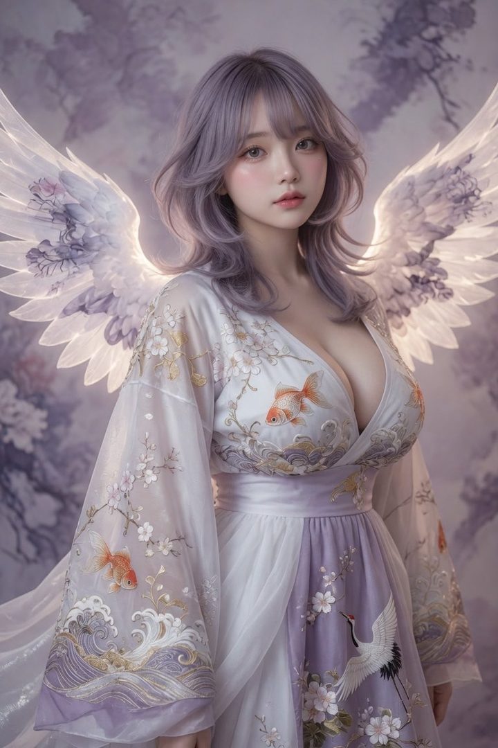 A beautiful woman with long, wavy silver hair and ethereal wings, wearing an ornate white and purple dress adorned with goldfish and floral patterns.