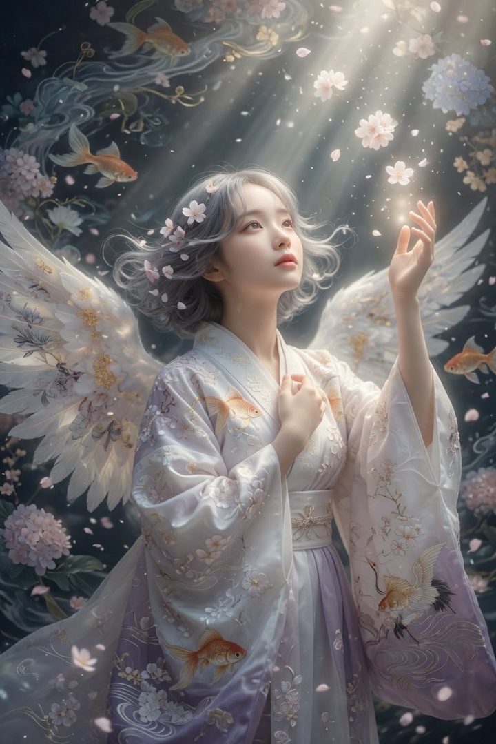 A young woman with silver hair and white wings, wearing a traditional Japanese kimono adorned with floral and crane motifs, stands in a mystical garden with koi fish and falling petals.