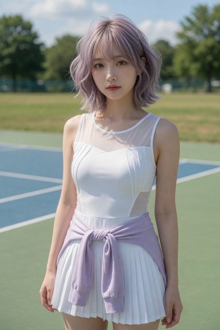 A young woman with short, wavy, lavender hair stands on a tennis court, wearing a white sleeveless top and a pleated white skirt, with a light purple sweater tied around her waist.
