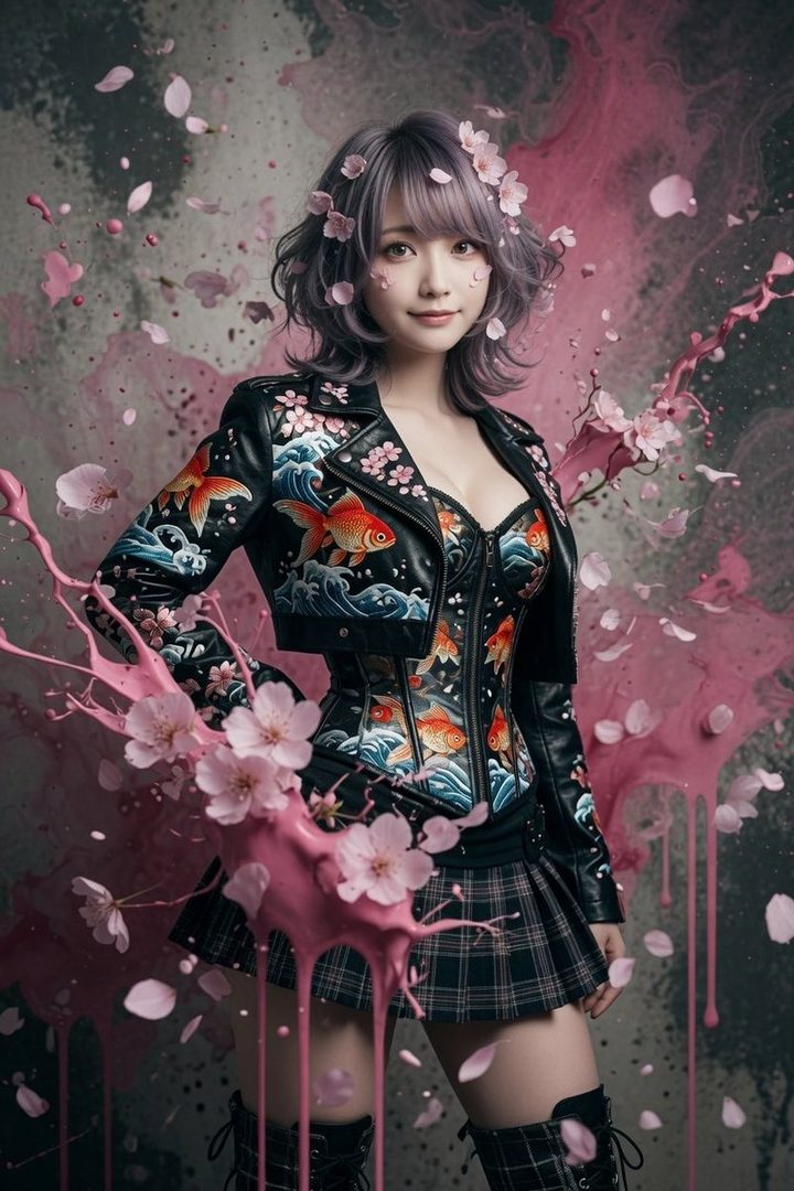 A young woman with short, purple-grey hair adorned with cherry blossoms, wearing a black leather jacket with koi fish embroidery and a corset, posing in a studio with pink paint splatters.