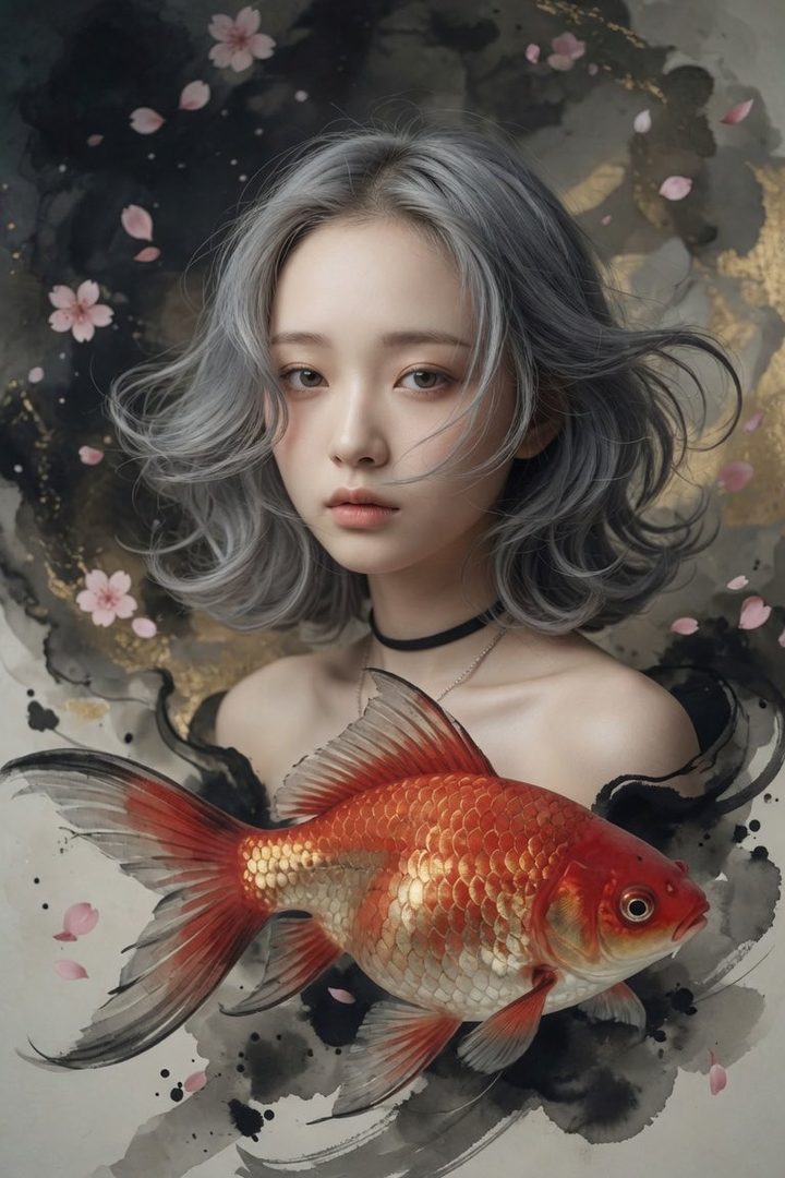 A portrait of a young woman with short, wavy silver hair, holding a goldfish, with cherry blossoms and ink wash background.