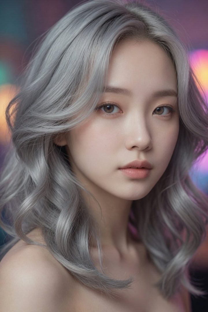 A close-up portrait of a young woman with long, wavy silver hair and soft makeup, against a blurred colorful background.