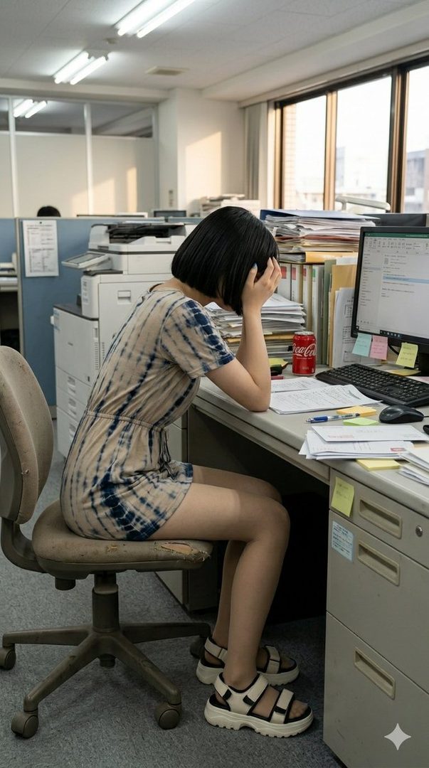 A woman with a bob haircut, wearing a tie-dye romper and chunky sandals, sits at an office desk with her head in her hands, appearing stressed.