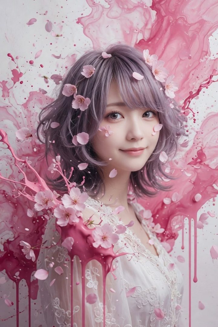A young woman with short, purple hair adorned with pink cherry blossoms, wearing a white lace dress, in a studio portrait with pink abstract paint splashes.