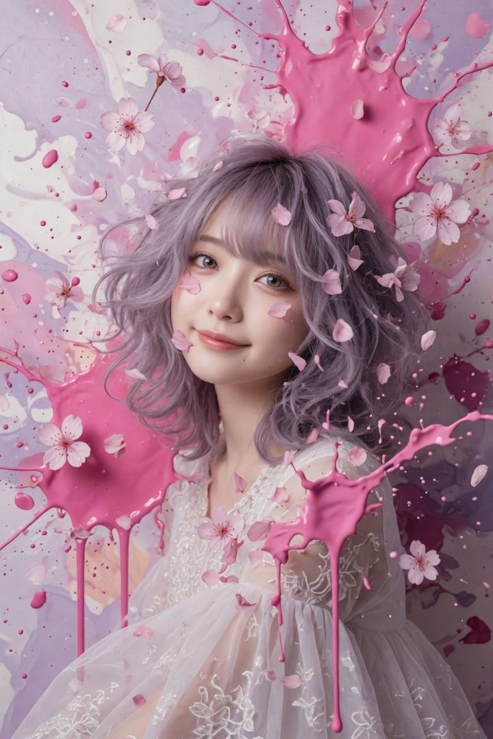 A young woman with short, wavy purple hair and bangs, wearing a white lace dress, is depicted in a studio portrait with pink paint splashes and cherry blossoms.