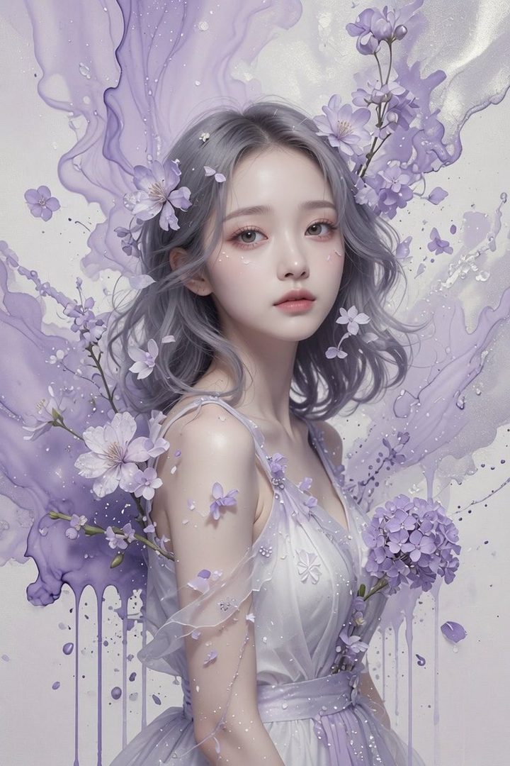 A dreamy portrait of a young woman with silver hair adorned with purple flowers, wearing a delicate white and purple dress.