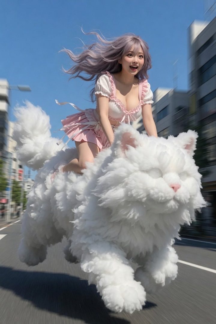 A young woman with long, flowing purple hair rides a giant fluffy white cat through a city street.