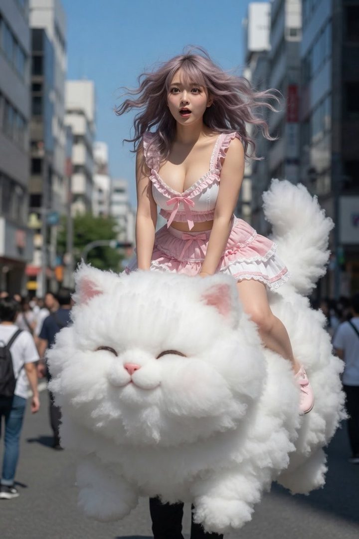 A young woman with long, wavy purple hair rides a giant fluffy white cat down a city street, wearing a pink and white outfit.