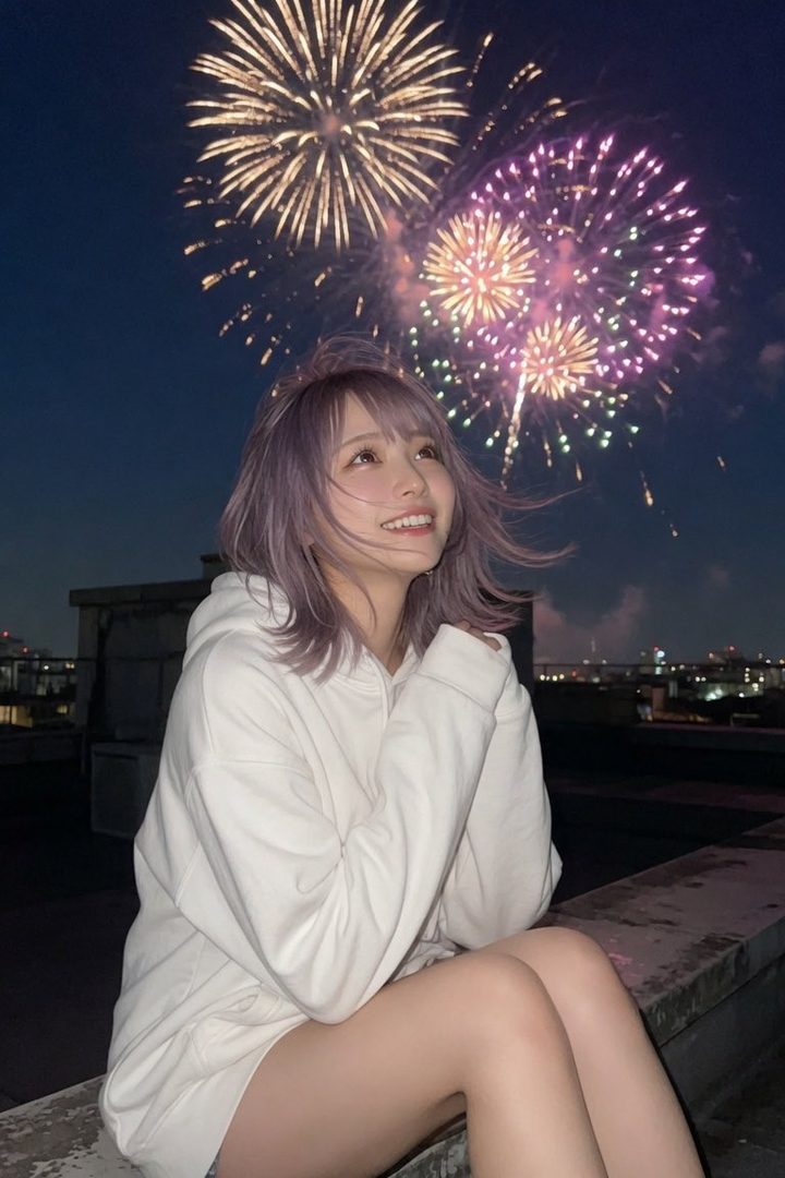 A young woman with purple hair smiles while looking up at fireworks from a rooftop at night.