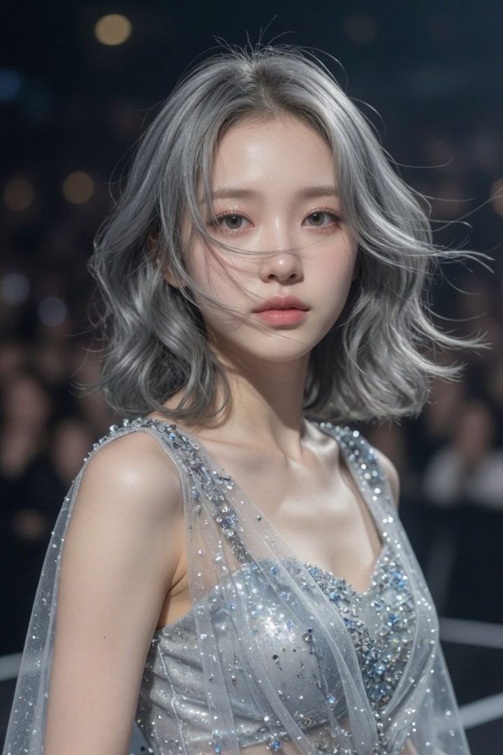 A young woman with silver wavy hair and a sparkling silver dress poses for a portrait.
