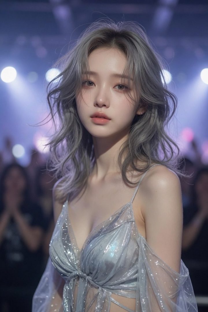 A young woman with long, wavy silver hair and a sparkling silver dress poses in front of a blurred background of lights.