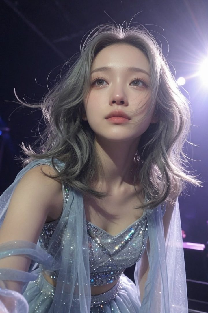 A young woman with wavy silver hair looks up dreamily, wearing a sparkling blue dress under stage lights.